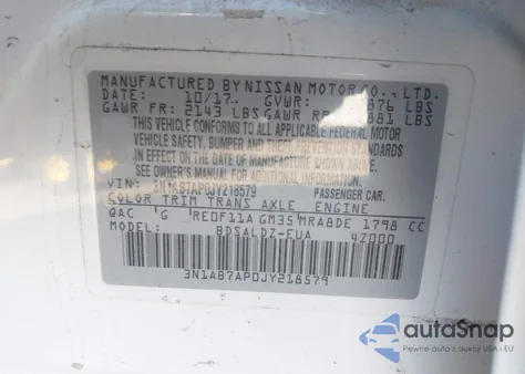 2018 Nissan Sentra Sv z USA, uszkodzony, nr VIN 3N1AB7AP0JY218579